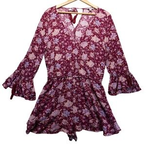 American Eagle Outfitters Floral Print Bell Sleeve‎ V Neck Romper Burgundy XL